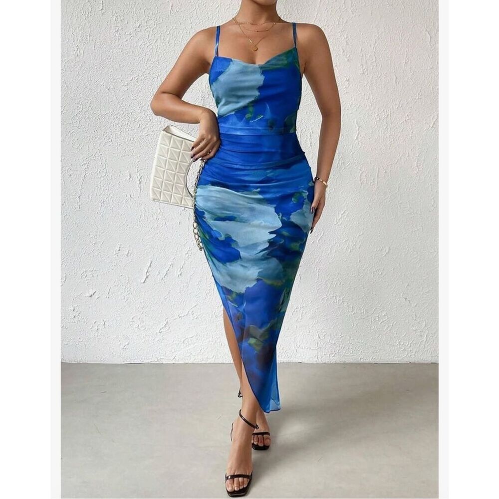 NEW Printed Bodycon Midi Cami Side Slit Mesh Layered Dress L 12/14